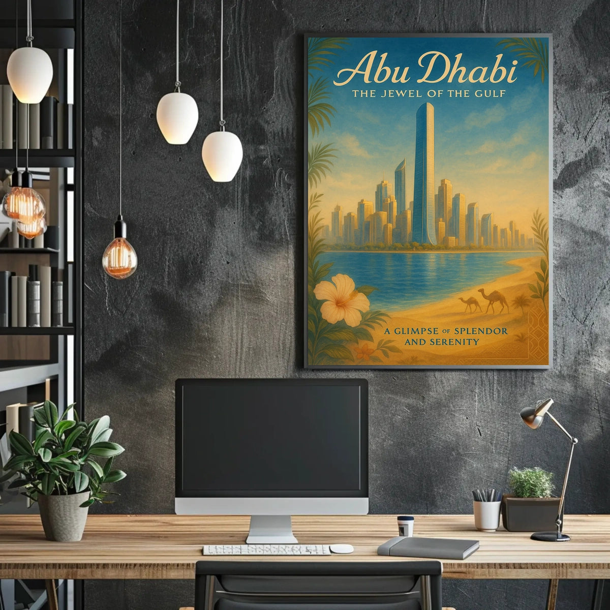 Abu Dhabi Cityscape with Camels Travel Poster