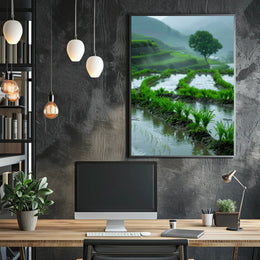 Peaceful Terraced Rice Paddies in Rainy Rural Landscape Poster PosterGoat