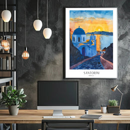 Santorini Sunset Watercolor Travel Poster PosterGoat