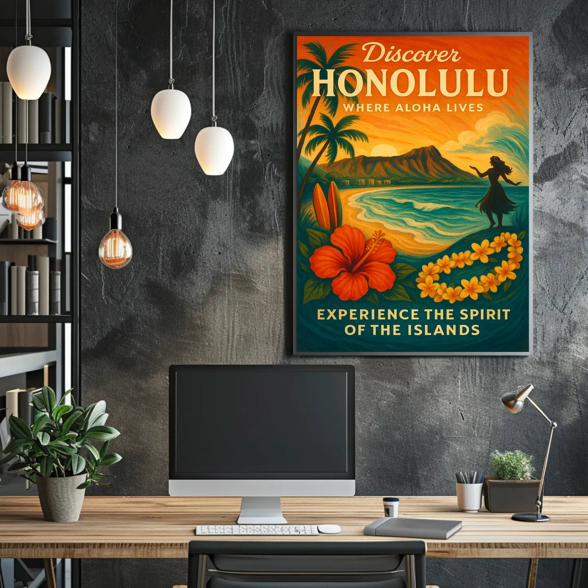 Honolulu Sunset Vintage Travel Poster Art