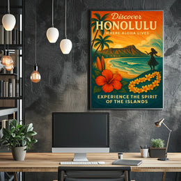 Honolulu Sunset Vintage Travel Poster Art