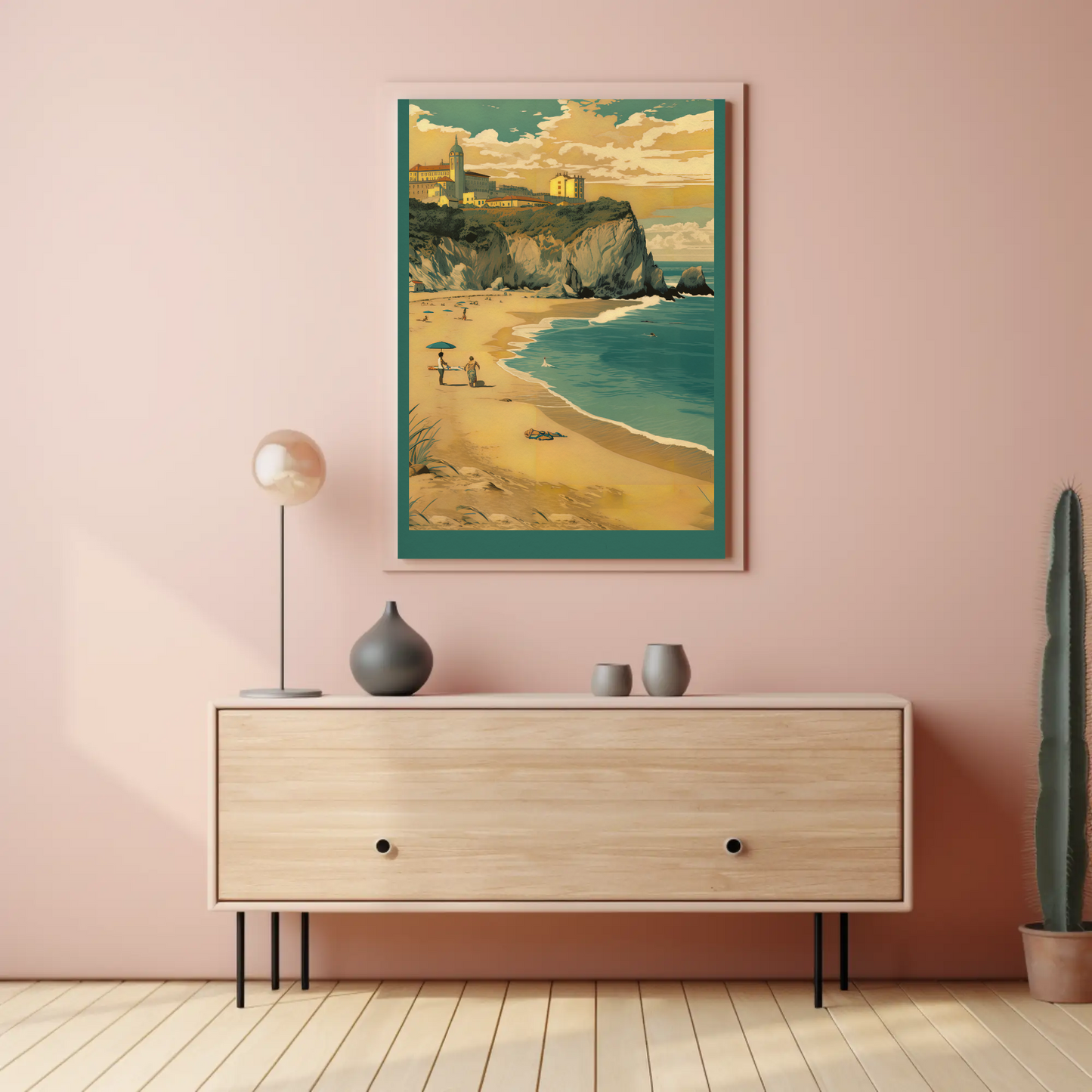 Beach Cliffs Town Above Coastline Portugal Travel Poster