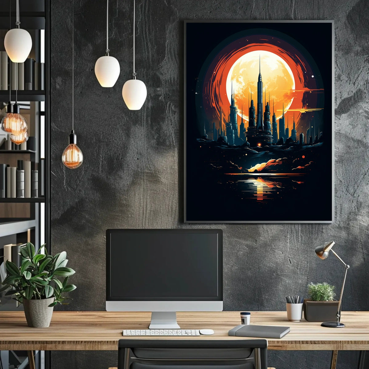 Futuristic Cityscape Under a Full Moon Poster