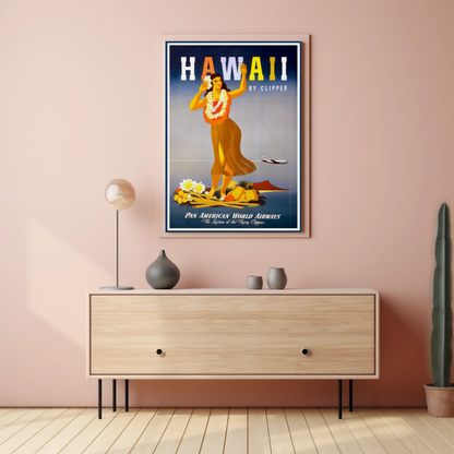 Pan Am Hawaii Hula Dancer Island Sunset Travel Poster