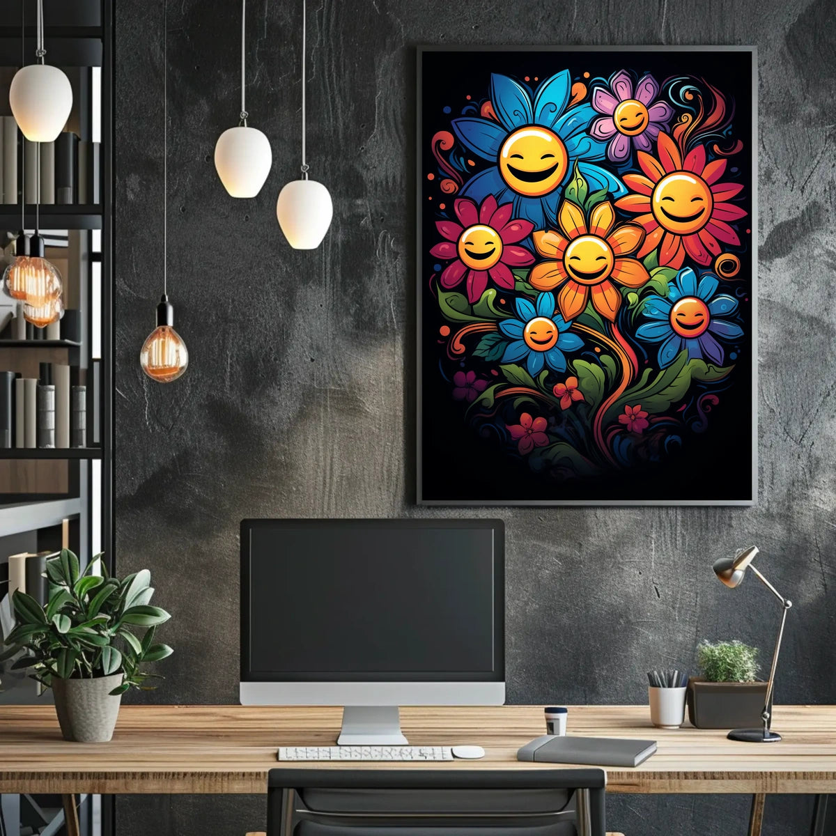 Vibrant Smiley Flowers Pop Art Poster for Joy