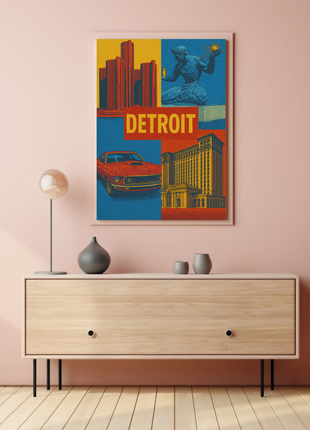 Detroit Landmarks and Muscle Car Cultural Heritage Poster