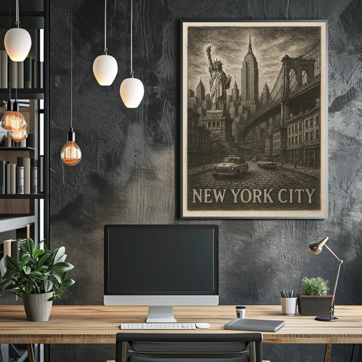 New York City Iconic Landmarks Poster Vintage Wall Art