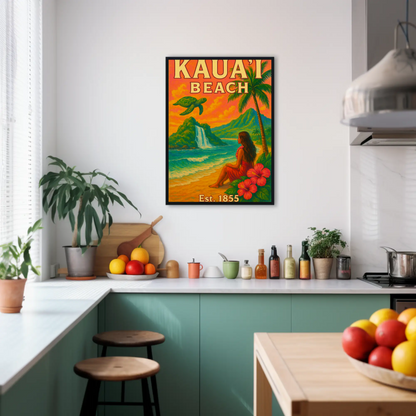 Kauai Beach Hawaii Waterfall Turtle Est 1855 Vintage Travel Poster