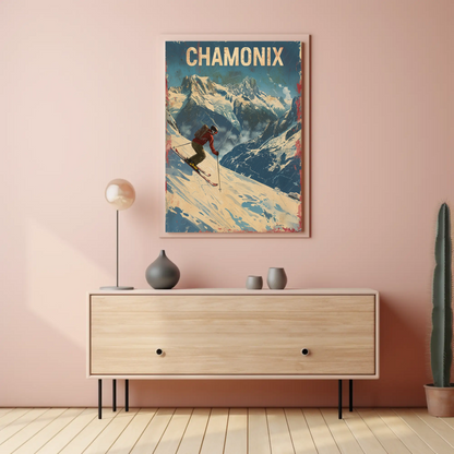 Chamonix France Skier Mountain Slope Adventure Alps Travel Poster