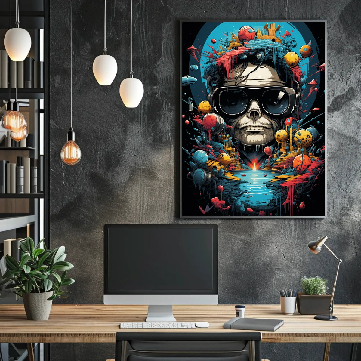 Futuristic Skull and Landscape Art Print Futuristic Sci-Fi Poster