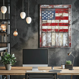 Rustic Wooden Barn Door With Faded American Flag Poster