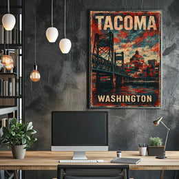 Tacoma Washington Skyline Harbor View Photography Realism Watercolor Timeless Coastal Urban Cityscape Poster
