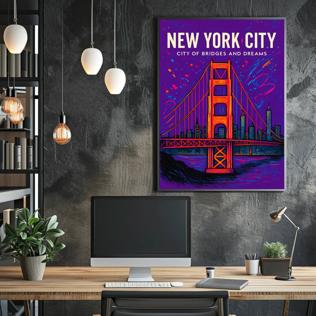 New York City Skyline Vibrant Bridge Poster Art