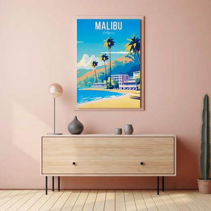 Malibu California Palm Trees Beach Hotel Hills Travel Poster