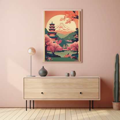 Japan Fuji Pagoda Sakura Moon Spring Sunset Travel Poster