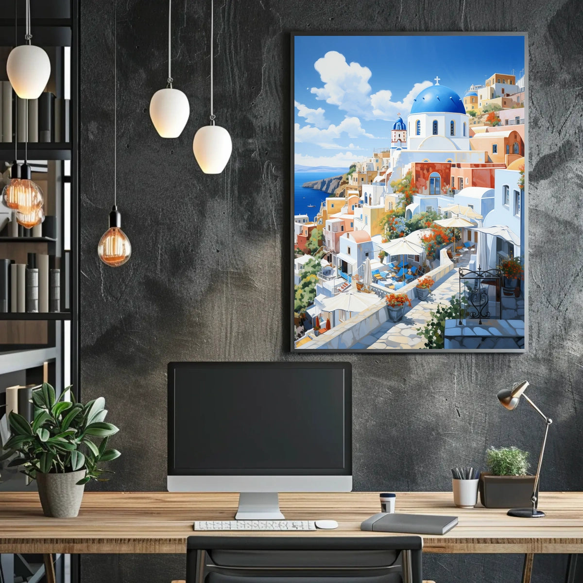 Santorini White and Blue Coastal Scene Travel Poster
