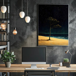 Solitary Tree Poster Starry Night Minimalist Beach