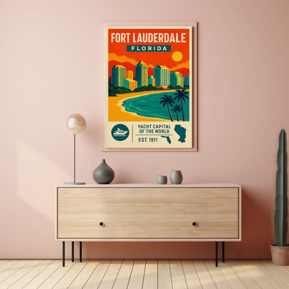 Fort Lauderdale Florida Skyline Palms Sunset Travel Poster