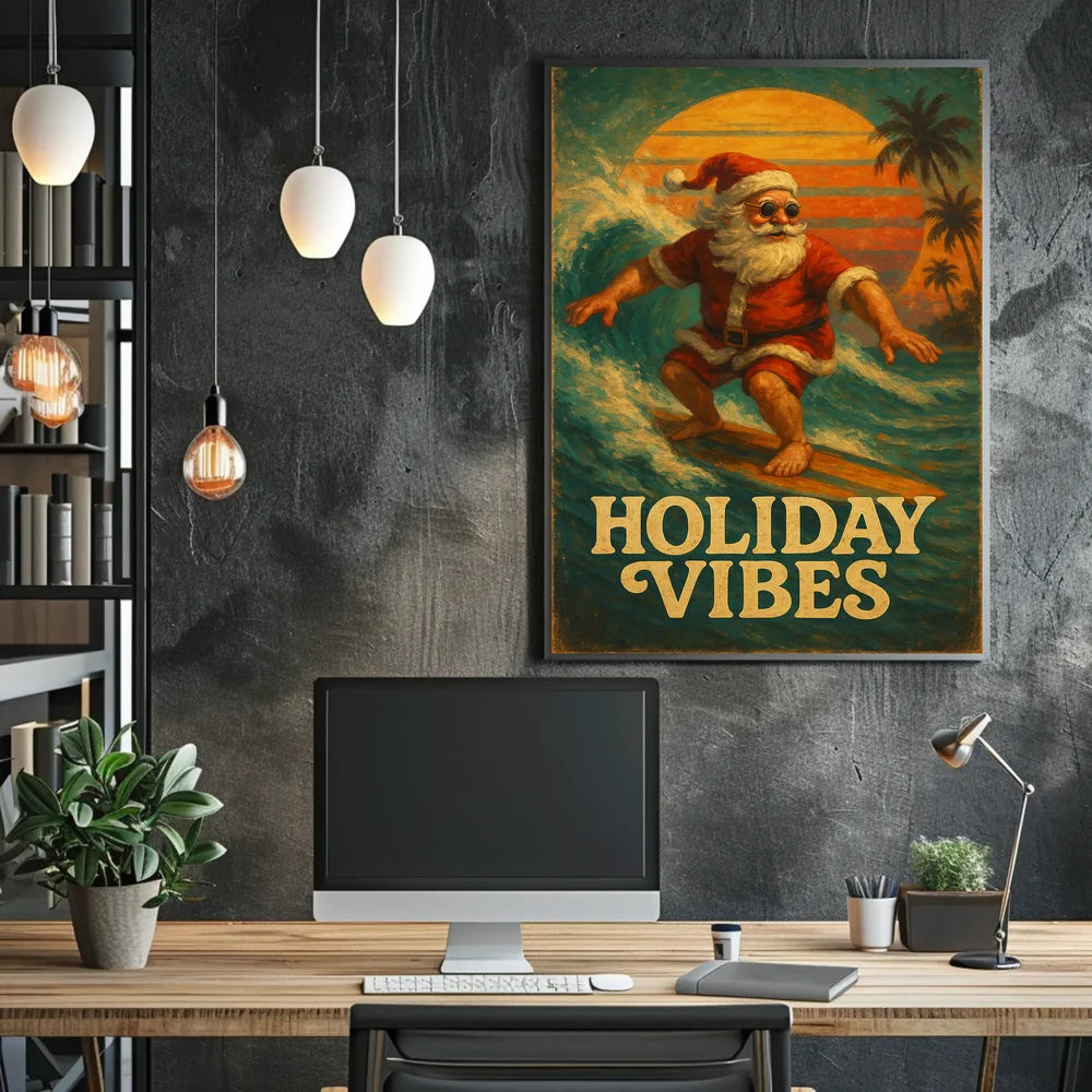 Surfing Santa Vintage Holiday Art Poster