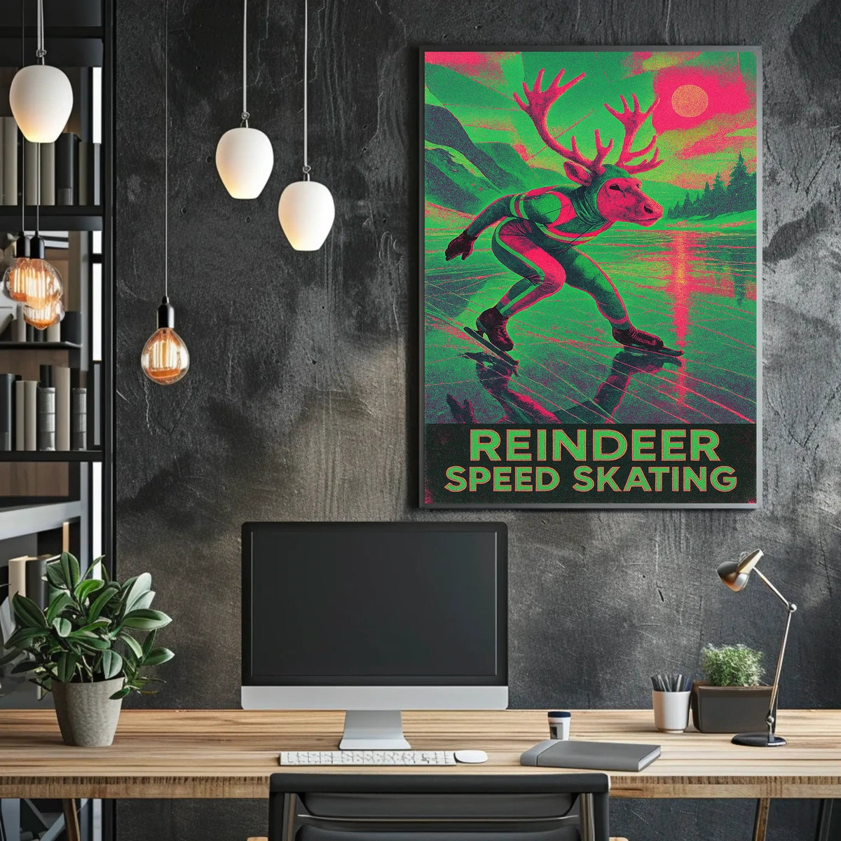 Reindeer Speed Skating Whimsical Winter Art Poster