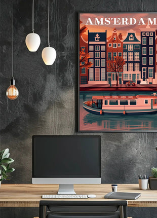 Amsterdam Canal Houses: Warm Scenic Travel Poster