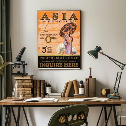 Asia via Honolulu - Pacific Mail Poster