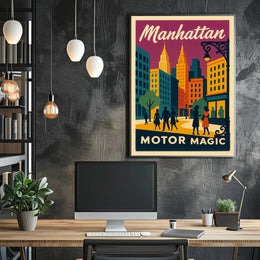 Stylized Manhattan Cityscape in Vibrant Art Deco Urban or Cityscape Poster