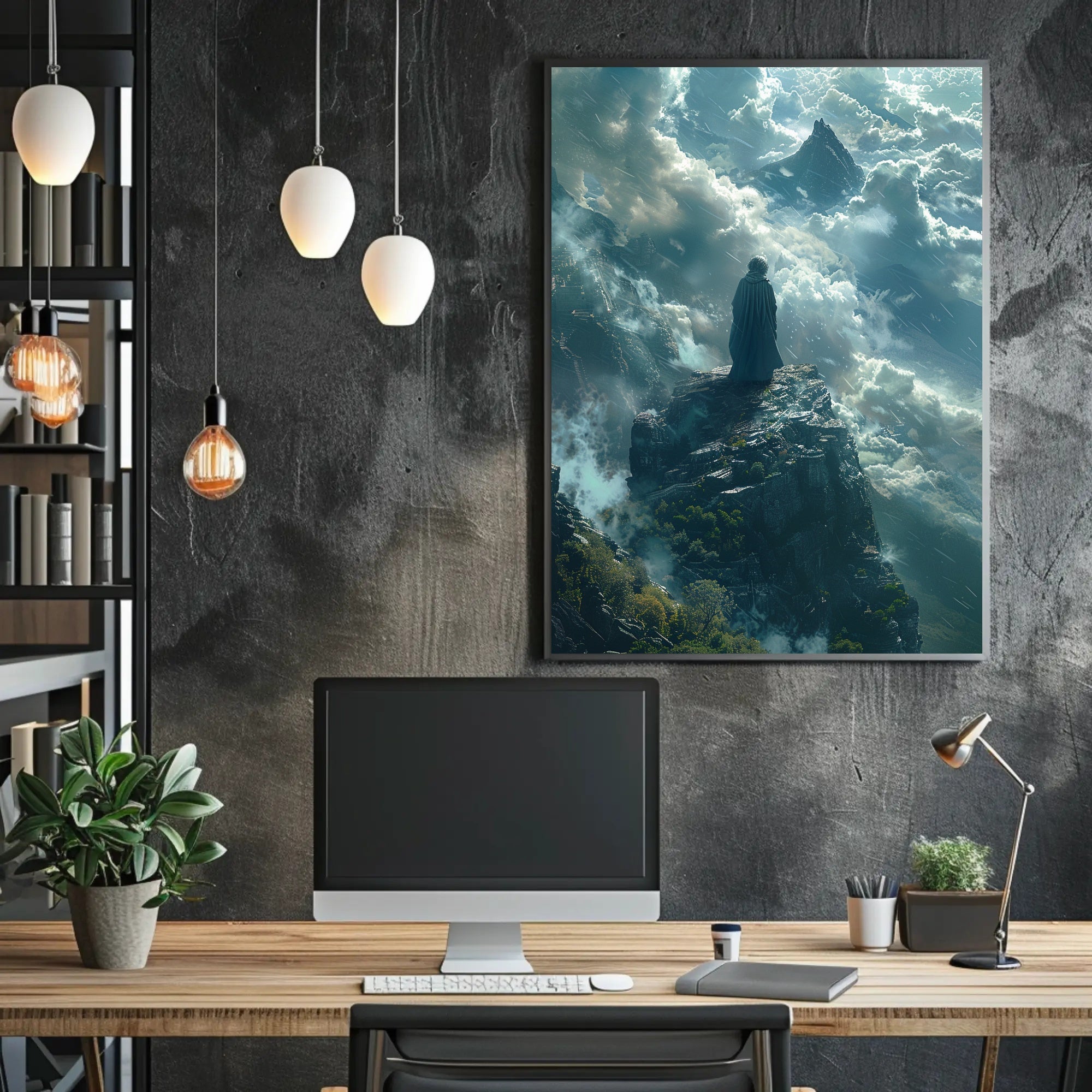 Ethereal Figure Amidst Mystical Peaks Fantasy or Mythology Poster PosterGoat