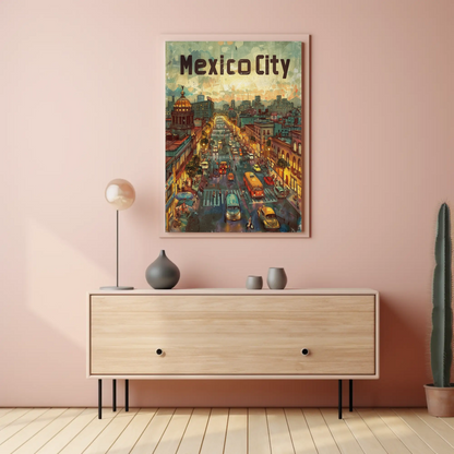 Mexico City Urban Nightlife Lanterns Travel Poster