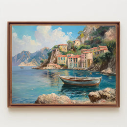 The poster showcases a scenic coastal village, likely inspired by the Mediterranean region, Travel Poster