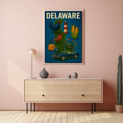 Delaware State Symbols Chicken Mustang Crab Travel Poster