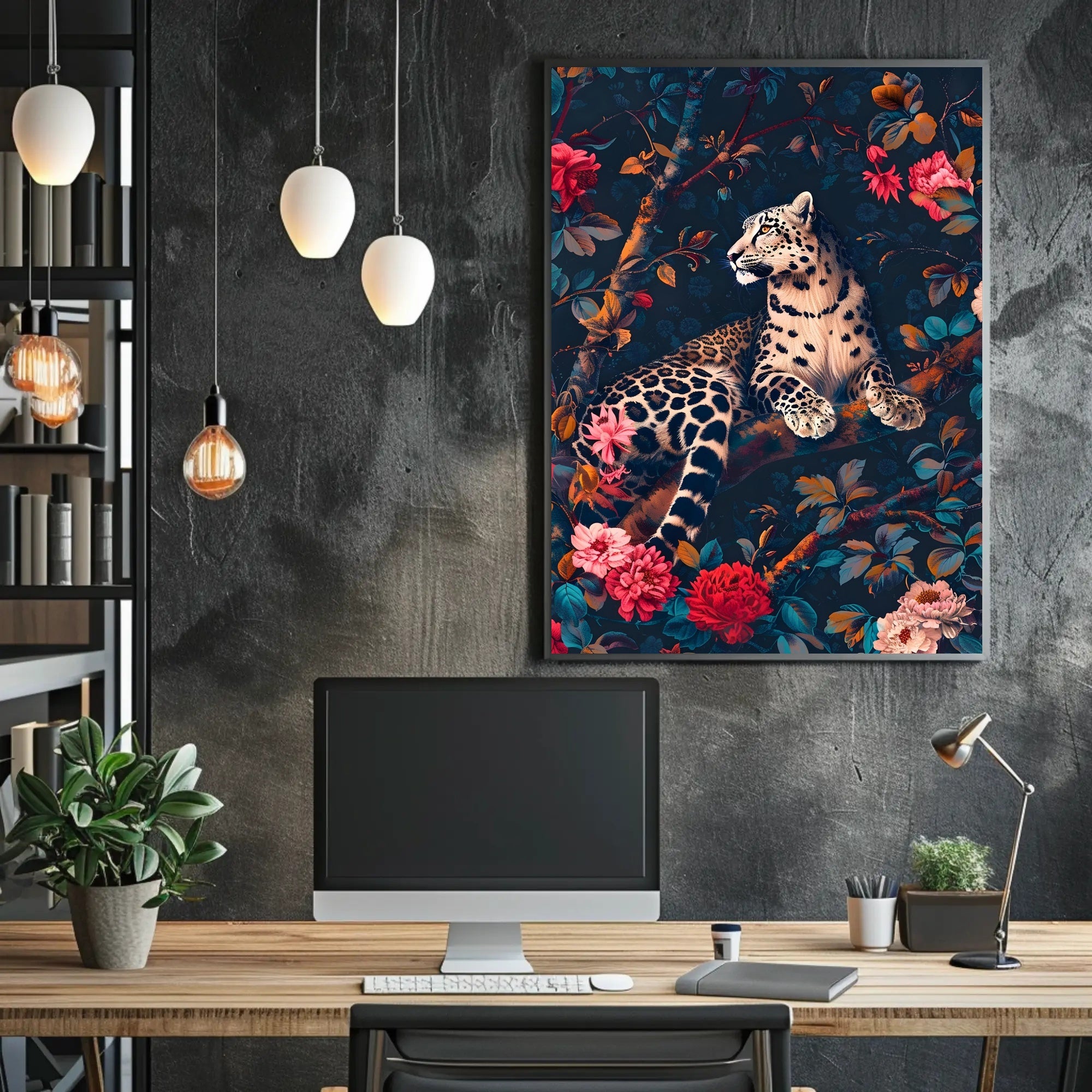 Majestic Snow Leopard with Lush Flora Animal Poster