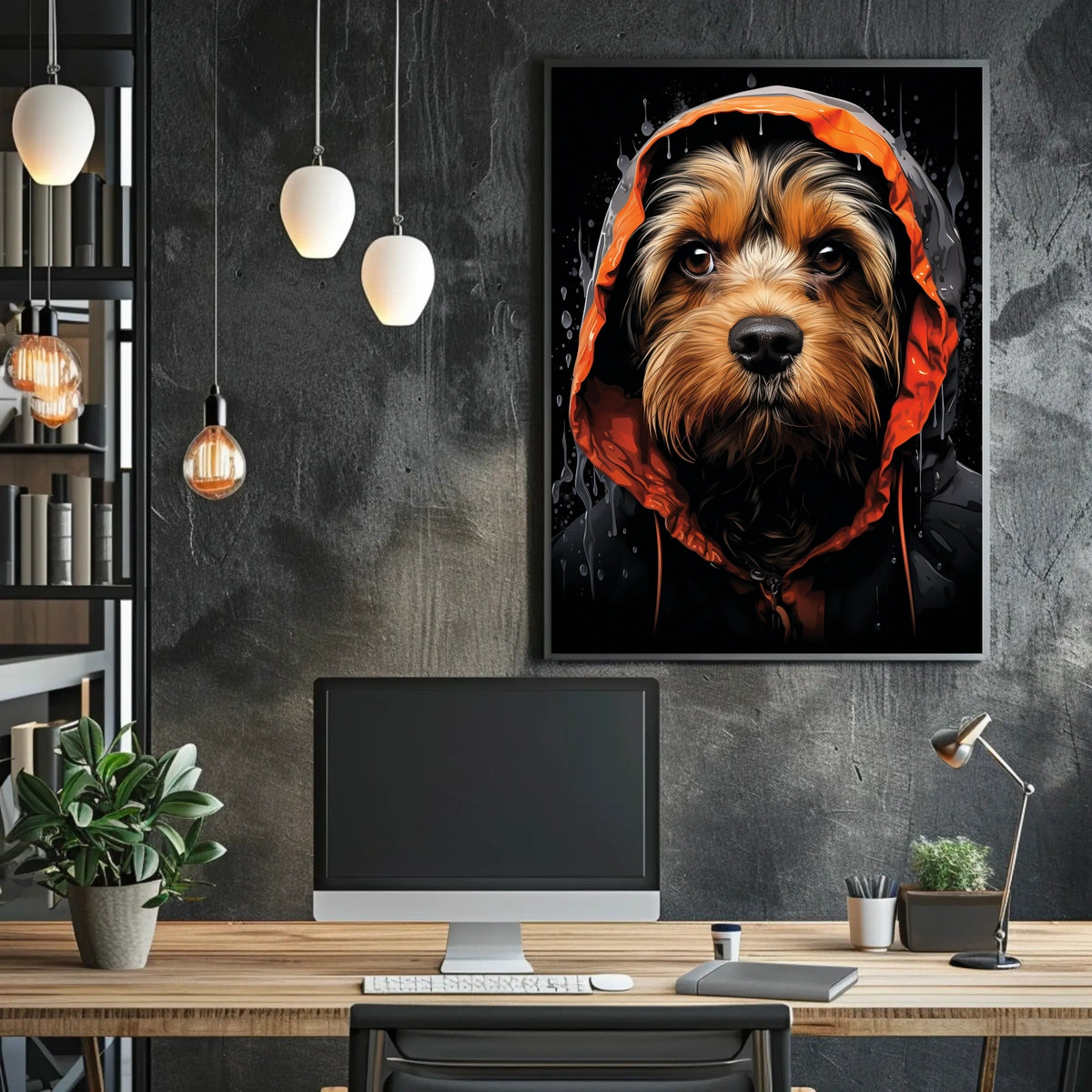 Stylized Dog in Hooded Raincoat Artistic Animal Poster