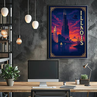 Illinois Skyline at Sunset: Captivating Travel Poster