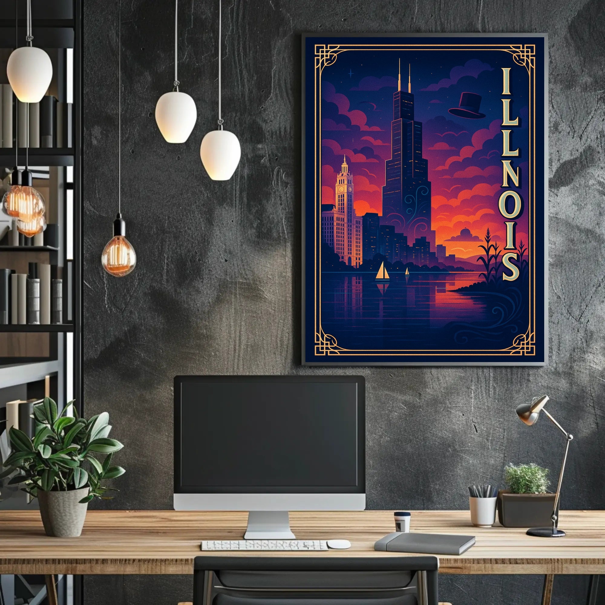 Illinois Skyline at Sunset: Captivating Travel Poster