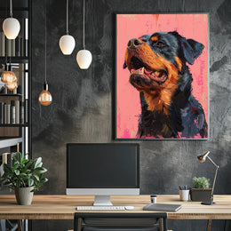 Striking Rottweiler Portrait on Vibrant Pink Dog Breed Poster PosterGoat