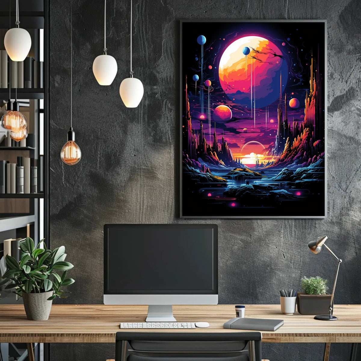 The poster features a vibrant and surreal sci-fi landscape. The core subject is Travel Poster