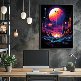The poster features a vibrant and surreal sci-fi landscape. The core subject is Travel Poster