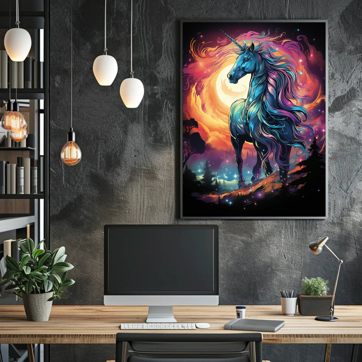 Majestic Unicorn in Mystical Cosmic Landscape Poster