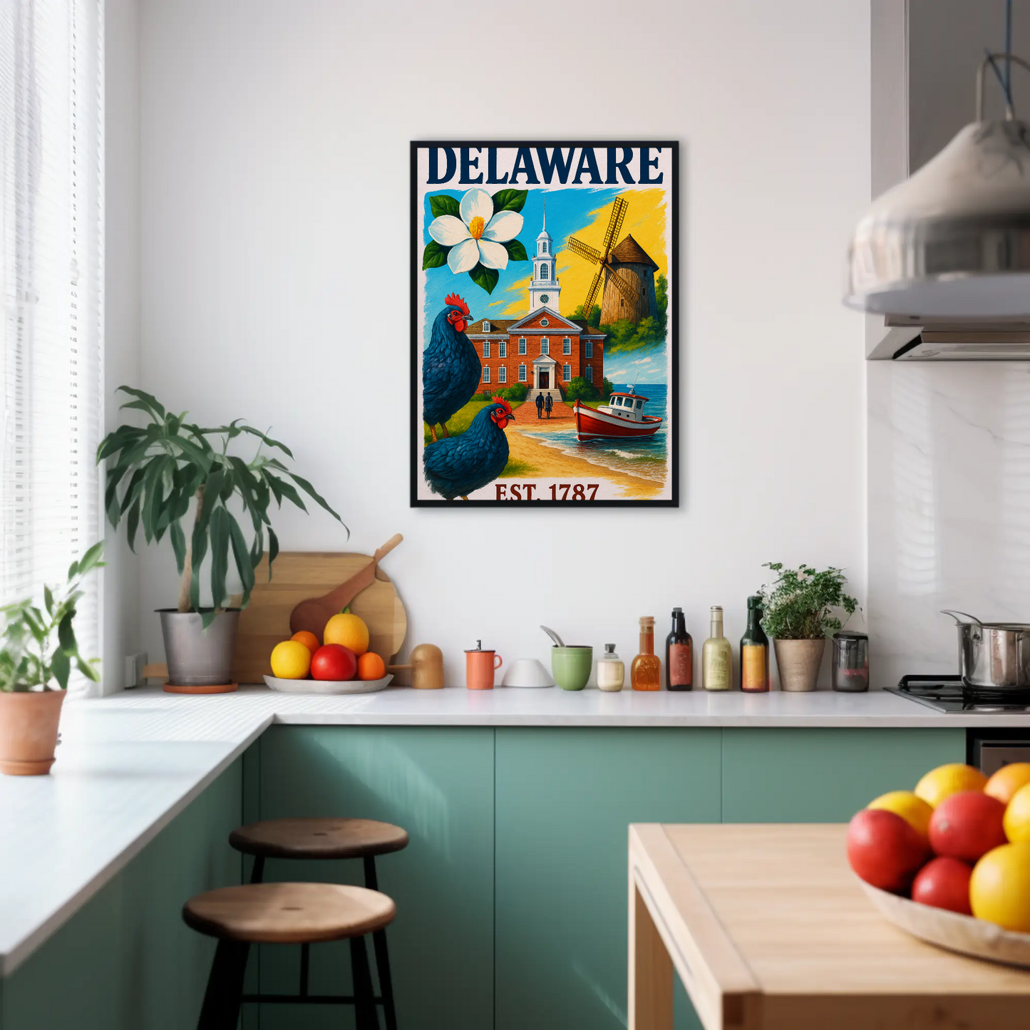 Delaware 1787 Poster With Windmill And Chickens Vintage Travel Poster