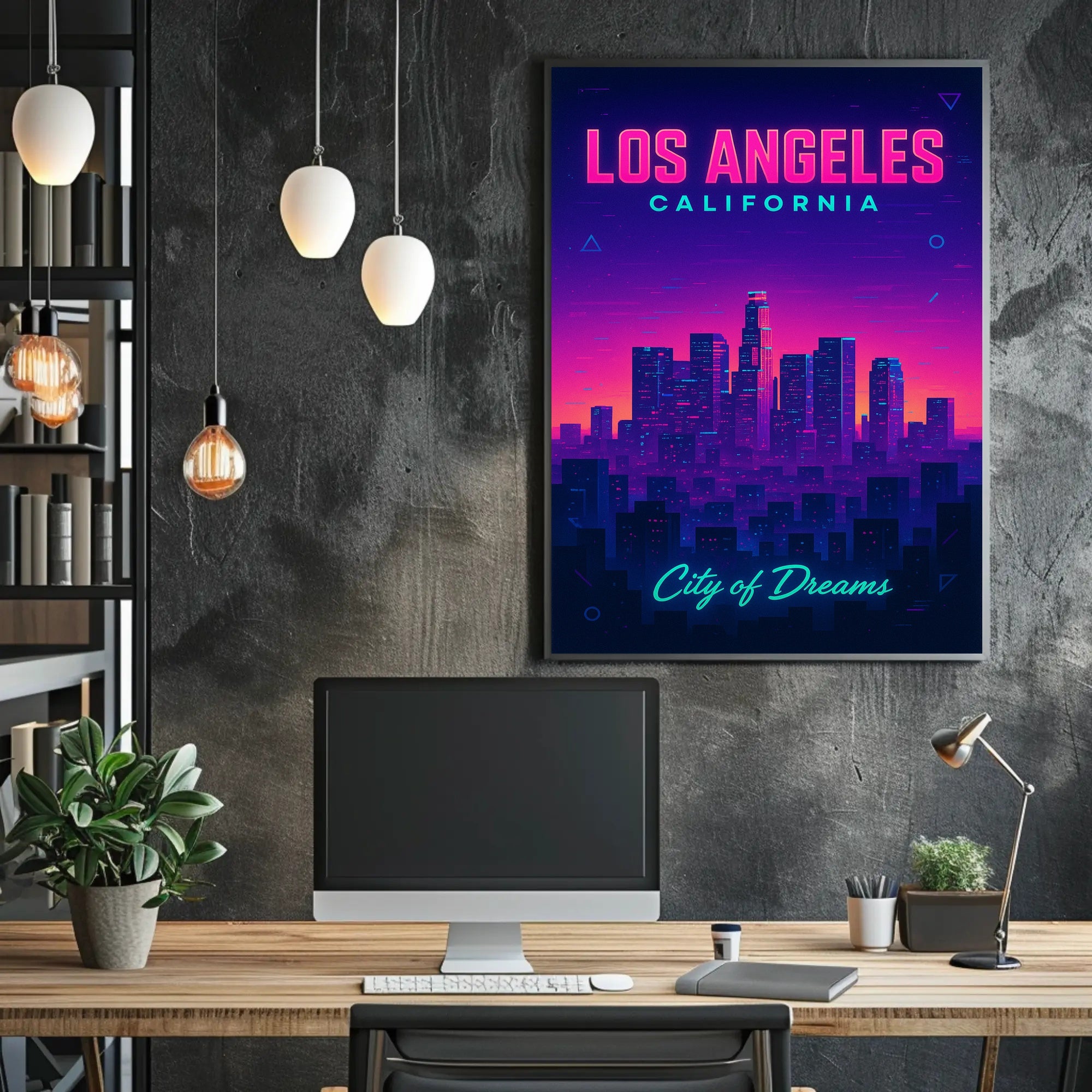 Neon Los Angeles Skyline Retro-Futuristic Urban or Cityscape Poster
