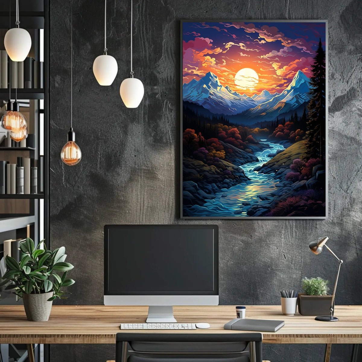 Majestic Mountain Sunset Fantasy Landscape Poster