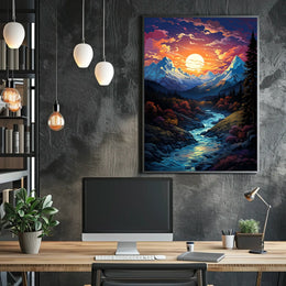 Majestic Mountain Sunset Fantasy Landscape Poster
