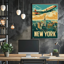 New York Skyline with Airplane Poster Vintage Wall Art