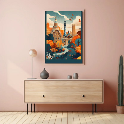 Barcelona Park Guell Surreal Skyline Travel Poster