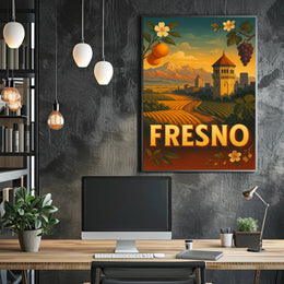 Vintage Fresno Travel Poster: Nostalgic California Vineyard Scenery