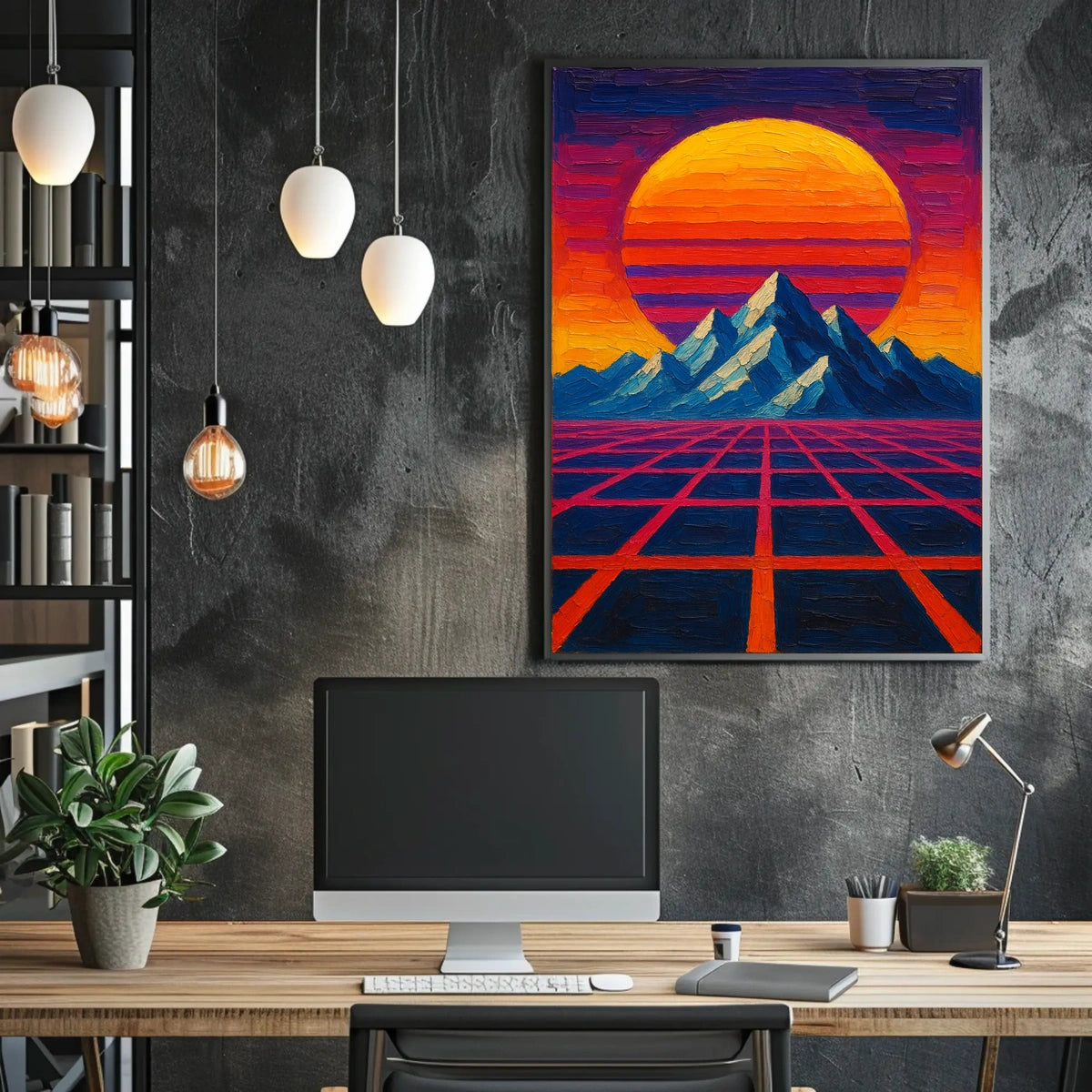 Retro-Futuristic Mountainscape: Vibrant Visionary Sci-Fi Poster