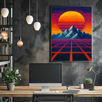 Retro-Futuristic Mountainscape: Vibrant Visionary Sci-Fi Poster