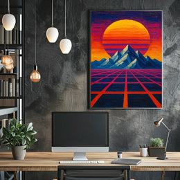 Retro-Futuristic Mountainscape: Vibrant Visionary Sci-Fi Poster