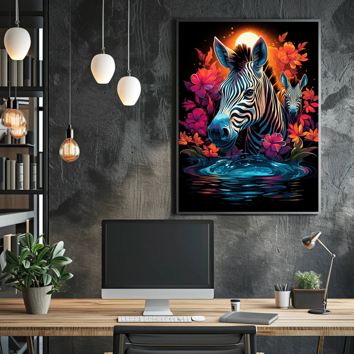 Vibrant Zebras in Dreamlike African Landscape Poster